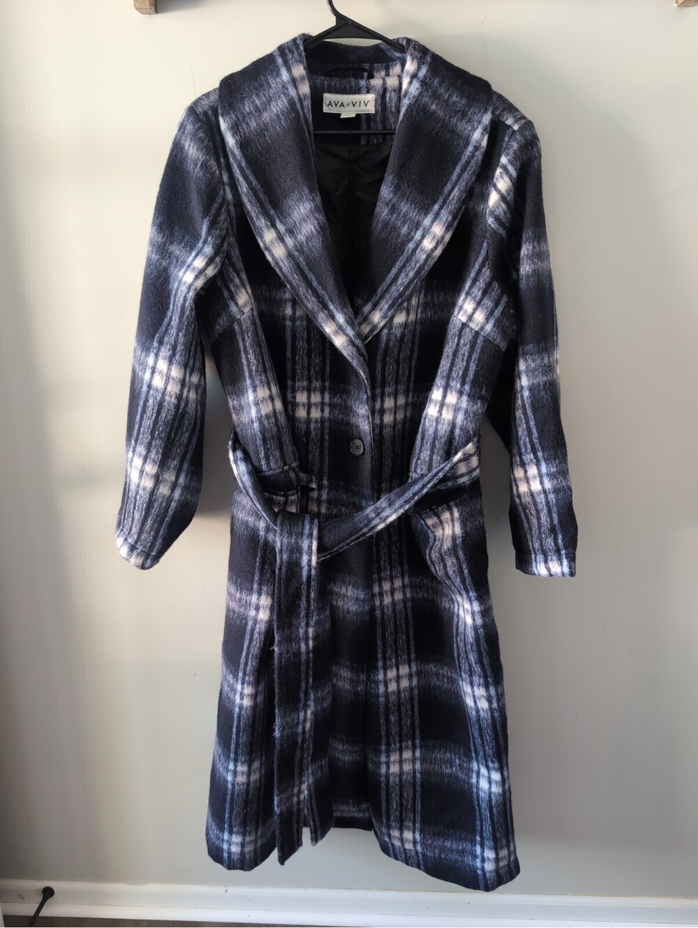 Ava & Viv Women's Blue Plaid Belted Long Overcoat 1X